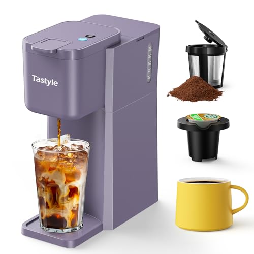 Tastyle Mini Hot and Iced Coffee Maker Single Serve, for K Cup and Ground, 6 to 14 Oz Brew Sizes, with Recipe Book