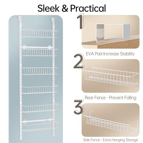 Delamu Adjustable Cabinet Door Organizer, 6-Tier Hanging Spice Rack Organizer, Metal Over the Door Pantry Organizer, Pantry Organizers and Storage Shelves for Kitchen Bathroom Laundry Room, White M