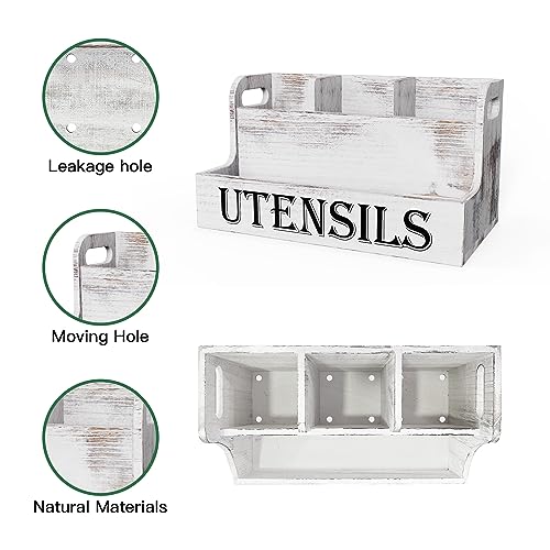 Suli Extra Large Kitchen Utensils Holder with 4 Compartments, White Wooden Utensil Organizer for Kitchen Countertop, Farmhouse Utensil Storage, Rustic Cooking Utensils - White Grain