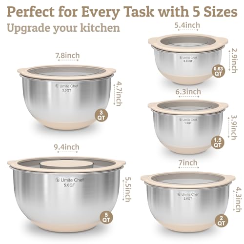 Mixing Bowles Set with Lids Set - Warp-Proof TPR-AS Lids, Stainless Steel Mixing Bowl with 3 Graters & Measuring Lines, Non-Slip Bowls for Baking, Prep, Airtight Food Storage (Khaki 5/3/2/1.5/0.63QT)