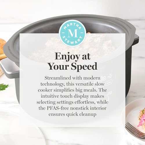 Martha Stewart 8 QT Slow Cooker, Programmable with Timer, 3 Heat Settings (Low, High, Warm), Nonstick Ceramic Removable Crock, Stovetop & Oven Safe, Glass Lid, Simmer, Reheat, Warm, Caviar