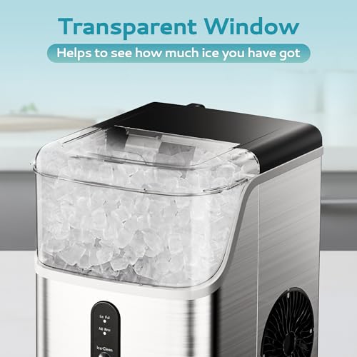 EUHOMY Nugget Ice Makers Countertop, Pebble Ice Maker Machine with 34lbs/24H Soft Ice, Self-Cleaning Sonic Ice Maker with Ice Scoop&Basket, Pellet Ice Maker for Home/Kitchen/Office(Stainless Steels)