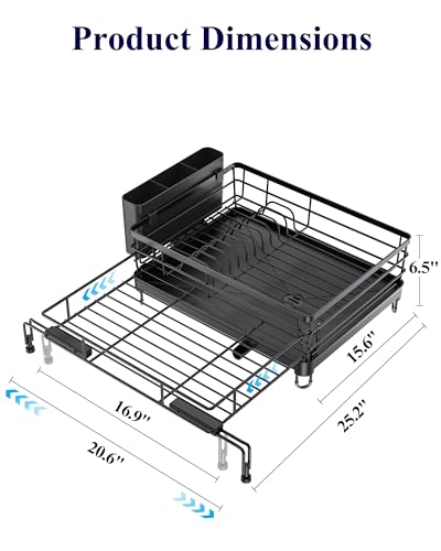 Kitsure Extendable Dish Drying Rack - Rust-Resistant Dish Racks for Kitchen Counter with Adjustable Support Legs, Cutlery Holder & Removable Draining Tray (Black, 15.6''-25.2''L × 16.9''W × 8.1''H)