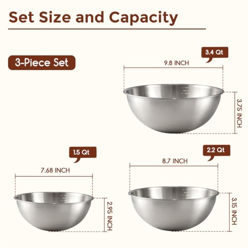 Gronivex 304 Stainless Steel Mixing Bowls, 3-Piece (1.5, 2.2 & 3.4 Qt)
