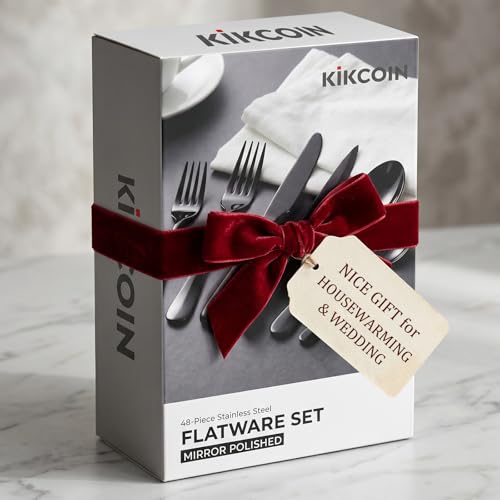 48 PCS NO-FADING Black Silverware Set with Steak Knives - KIKCOIN Food-Grade Stainless Steel Flatware Set for 8 - Mirror Polished Cutlery Set, Titanium Black Finish, Rust Resistant & Dishwasher Safe