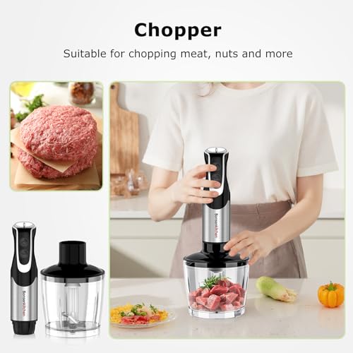 Bonsenkitchen 4-in-1 Immersion Blender Handheld with Food Processor, 12 Speeds Hand Blender with Turbo Mode, Stainless Steel Blade, Egg Whisk, Beaker & Chopper Bowl, Stick Mixer for Smoothie, Puree