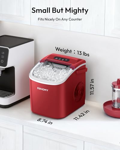 EUHOMY Countertop Ice Maker Machine with Handle, 26lbs Per Day, 9 Ice Cubes Ready in 6 Mins, Auto-Cleaning Portable Ice Maker with Basket and Scoop, for Home/Kitchen/Camping/RV (Red)