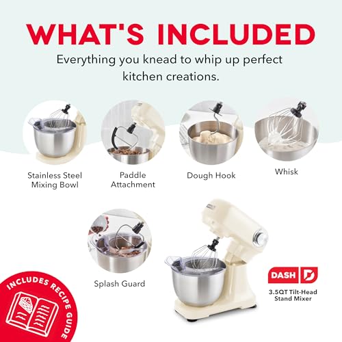 Dash 3.5QT Tilt-Head Stand Mixer - Electric Stand Mixer with Stainless Steel Bowl and Splash Guard For Baking - Cream, 3.5-Quart