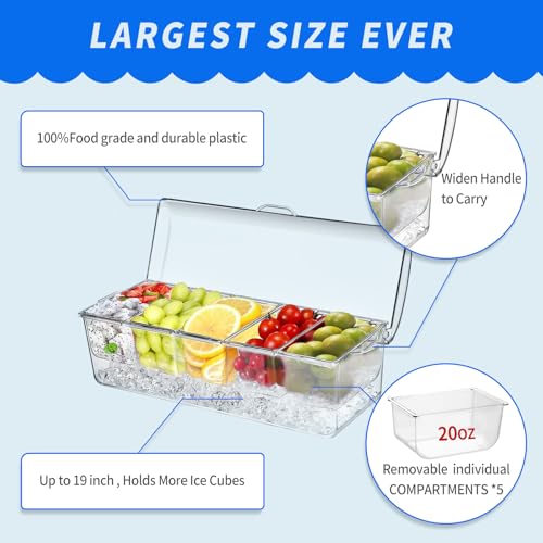 Large Ice Chilled Condiment Caddy，Chilled Condiment Containers Server with Lids for 5 Removable Compartments (2.5 cup)，Serving Platters , Fruit & Garnish Tray for Party Supplies & Bar Accessories
