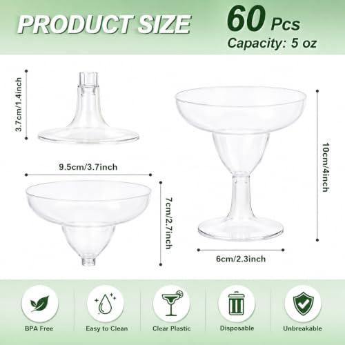 WOPPLXY 60 Pcs Plastic Margarita Glasses, 5 oz Clear Cocktail Glasses for Cinco de Mayo, Taco Party, and Mexican Decoration, Plastic Margarita Cups for Taco Bar Events Wedding Parties