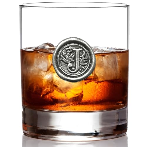 English Pewter Company 11oz Old Fashioned Whiskey Rocks Glass With Monogram Initial - Unique Gifts For Men - Personalized Gifts With Your Choice of Initial (J) MON110