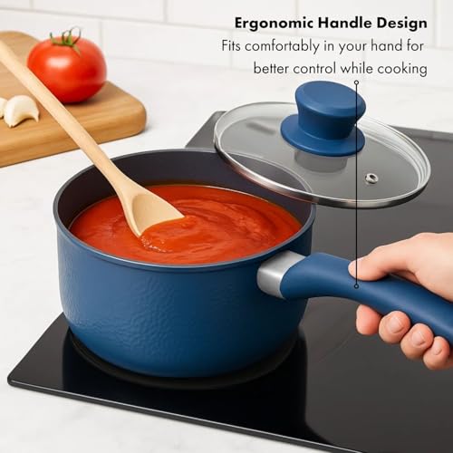 Prime Cuisine 2 Quart Sauce Pan with Lid, Blue Diamond NonStick Small Pot with Tempered Glass Lid, Soft-Touch Handles, Induction Base