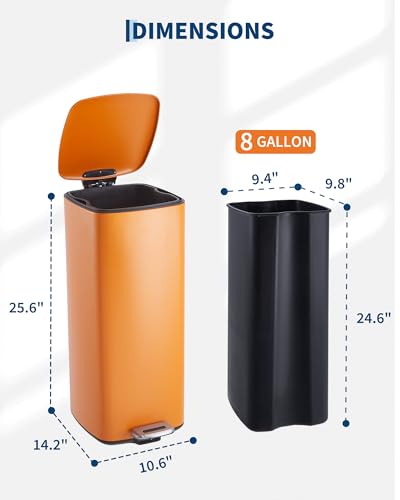 Garvee 8 Gallon Trash Can for Kitchen, Stainless Steel Garbage Can with Lid and Inner Bucket, Step-On Square Trash Bin for Home Office Bedroom Bathroom Laundry Room, 30 Liter, Orange