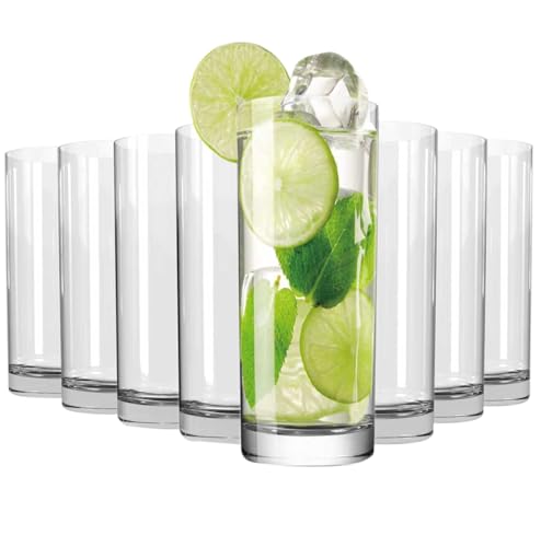 Wlasss Drinking Glasses Set of 8, 16oz Glass Cups, Kitchen Highball Glasses for Beer, Juice and Cocktail, Collins Water Glasses for Bar Glassware, Unique Gifts for Christmas