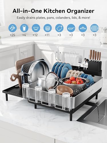 SUNLY Large Dish Drying Rack, Expandable Dish Racks for Kitchen Counter, Space Saving 304 Stainless Steel Drying Rack Kitchen, Extra Large Drainer with Multifunctional Flip Up Pegs, Black