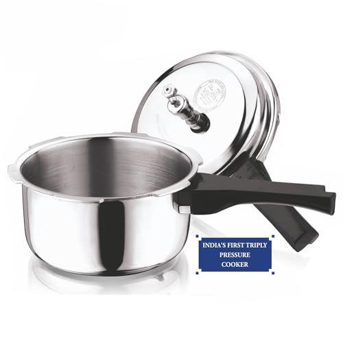 Vinod Platinum Triply Stainless Steel Outer Lid Pressure Cooker -68 oz , Induction Friendly, ISI Certified, Small Pressure Cooker for Quick Meals, Silver