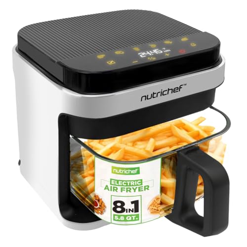 Nutrichef 5.8 Quart Air Fryer, 8-in-1 Preset Cook Modes, Transparent Fry Bowl for Best Cooking Results, Cook Shrimp, Steak