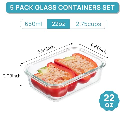 Vtopmart 5Pack 22oz Glass Storage Containers with Lids, Glass Meal Prep Food Container Sets with Snap Airtight Lid for Microwave, Oven, Freezer and Dishwasher, Grey