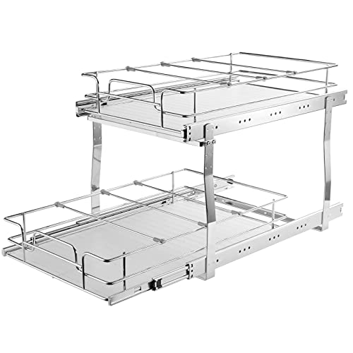VEVOR Pull Out Cabinet Organizer, 14" Wx21.2 Dx15.2 H Heavy 2 Tier Duty Slide Out Pantry Shelves, Chrome-Plated Steel Roll Out Drawer for Under Sink, 15.5" Wx22.5 Dx19 H Install Size for Cabinet