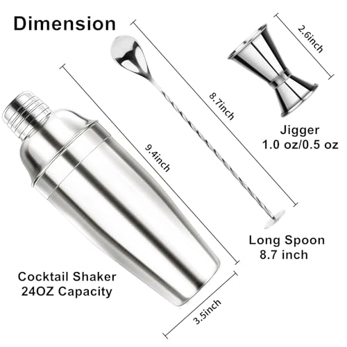 Ohtomber 24OZ Cocktail Shaker Set - Cocktail Bar Martini Drink Shaker Set with Strainer, Stainless Steel Bartender Kit Drink Mixer with Jigger, Mixing Spoon, Bar Accessories for Beginners