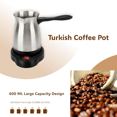 Electric Turkish Coffee Pot, 600ml Stainless Steel 110V Heating Kettle with Foldable Anti-Scald Handle for Home and Travel, Fast Brew Maker Arabic Greek Tea Milk (Smooth Pot Surface)
