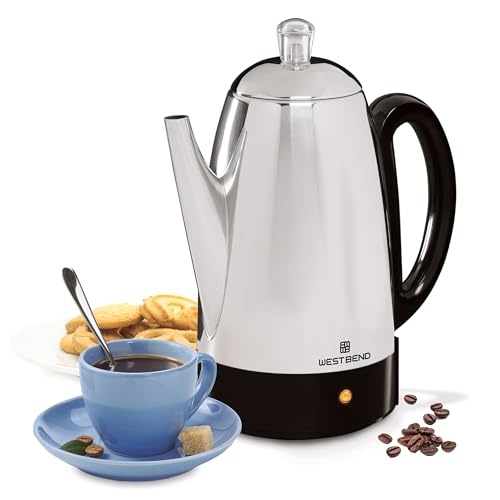 West Bend Electric Percolator Classic Style Coffee Maker with Heat Resistant Handle Base and Detachable Cord with Stainless