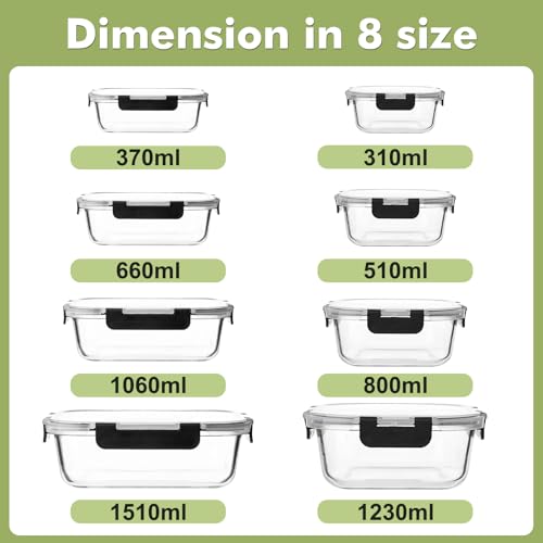 Liuruiyu 8 Pack Glass Food Storage Containers with Lids, Meal Prep Containers, Airtight Bento Boxes with Leak Proof Locking for Microwave, Oven, Freezer and Dishwasher, BPA Free