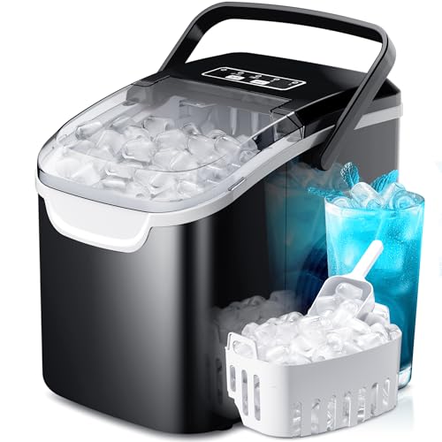 Countertop Portable Ice Maker Machine with Handle, 8 Bullet-Shaped Ice Cubes Ready in 6 Mins, 26Lbs/24H, Self-Cleaning Function with Ice Scoop and Basket for Home/Kitchen/Party (Black)