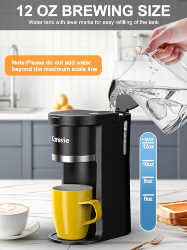Karosie Small Single Serve Coffee Maker, Fast Brew for Pods & Ground Coffee, 6-12 Oz Brew Sizes, One-Button Single Cup Coffee Maker, Coffee Machine with Descaling Reminder,Black