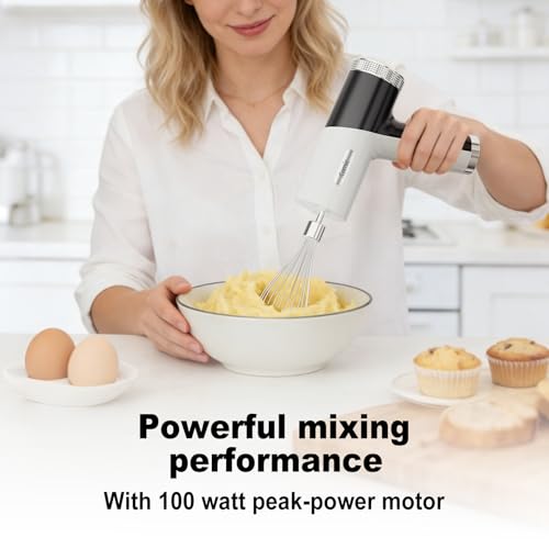 Camic Electric Hand Mixer with 9 Speeds, Powerful Motor, Cordless Hand Mixer with Whisk, Dough Hook and Mixing Rod for Whipping Eggs, Cream, Butter, Jam, Kneading Dough and Blending (White+Black)