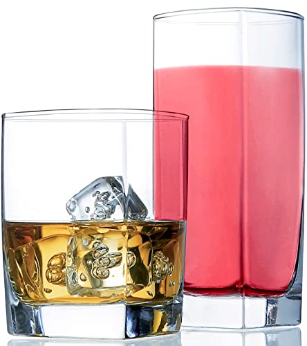 Le'raze Everyday Drinking Glasses Set of 8 Drinkware Kitchen Glasses for Cocktail, Iced Coffee, Beer, Ice Tea, Wine, Whiskey, Water, 4 Tall Highball Glass Cups & 4 Short Old Fashioned.