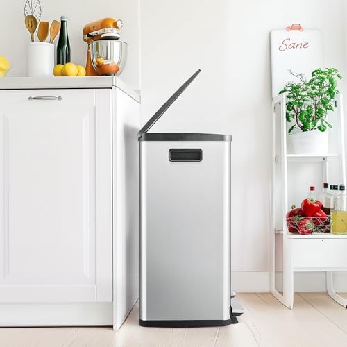 DUMOS Kitchen Trash Can, 2x8-Gallon Dual Trash Can with Lid, Stainless Steel Garbage Bin with 2 Removable Inner Buckets, Soft-Close Foot Pedal, Fingerprint-Resistant for Kitchen, Home, Office