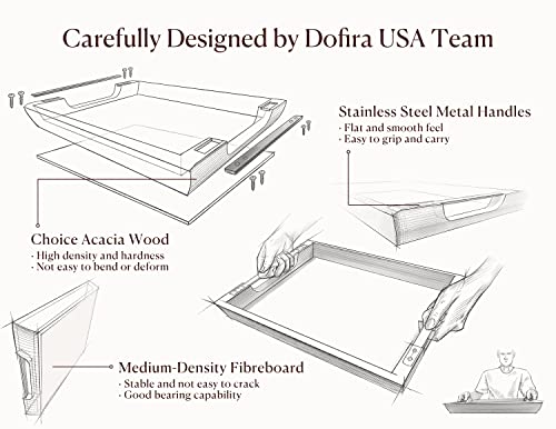 Dofira Acacia Wood Serving Tray with Metal Handles, 17x13in Food Drinks Tray for Coffee Table, Breakfast, Dinner & Bar, Rustic Decorative Storage Tray for Ottoman, Kitchen, Elegent Gift for Father