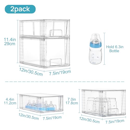 Vtopmart 4 Pack Clear Stackable Storage Drawers,Under Sink and Kitchen Organizers Storage,Easy to Assemble Plastic Drawers for Baby Bottle,Medicine, Bathroom,Cabinet and Pantry Organization