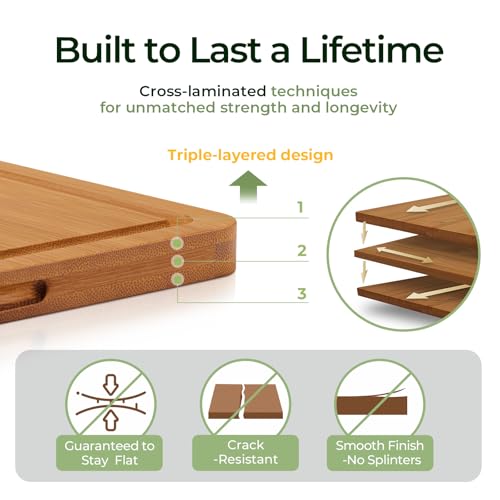 Keechee Bamboo Cutting Board, Durable Wood Cutting Boards for Kitchen with Deep Juice Grooves & Built-in Handles, Ideal Charcuterie & Chopping for Meat, Vegetables and Fruits Ideal Kitchen Gifts