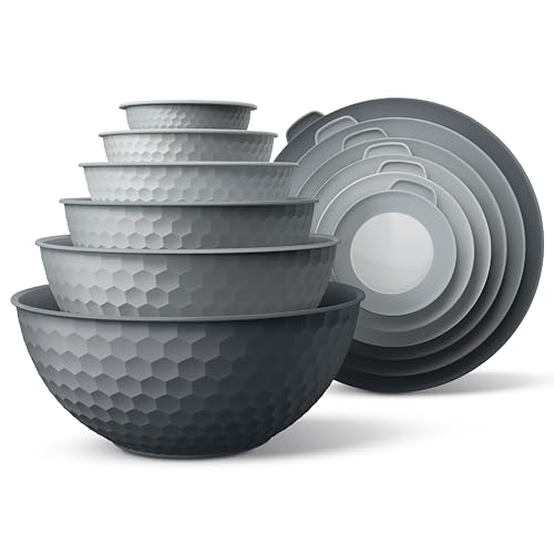 COOK WITH COLOR Mixing Bowls with Lids - 12 Piece Plastic Nesting Bowls Set includes 6 Prep Bowls and 6 Lids, Microwave Safe Mixing Bowl Set, Grey Embossed