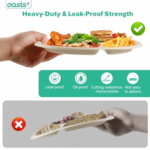 OasisSN 𝟭𝟬 𝗶𝗻𝗰𝗵, 𝟭𝟮𝟴-𝗣𝗮𝗰𝗸 3-Compartment Disposable Paper Plates, Compostable Heavy-Duty Divided Plates for Meal Prep, School Lunches & Party Buffets (Natural)