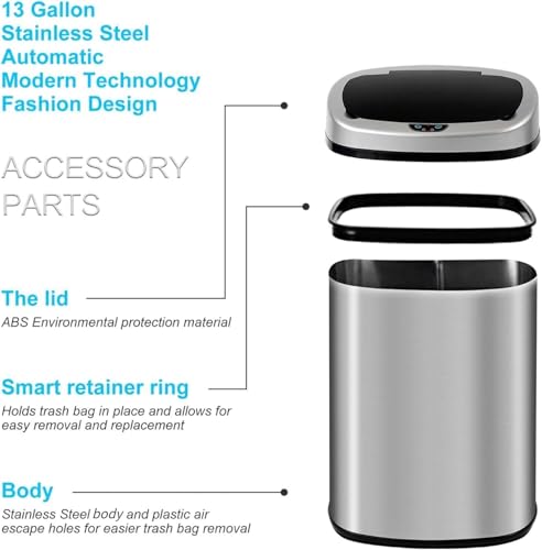 Bigacc Kitchen Trash Can | Stainless Steel 13 Gallon Trash Can | 50L Touch Free Garbage Can with Lid | Electronic Sensor High Capacity Trash Bin for Bathroom Kitchen Office, Silver