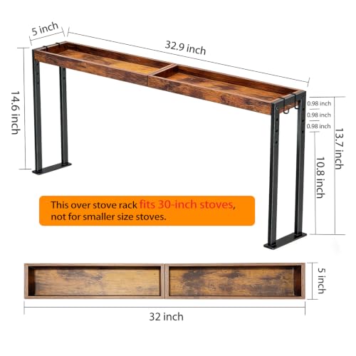 EffiJoy Spice Rack Shelf for 30-inch Kitchen Stove, Over the Stove Shelf with 4 Level Adjustable Height, Over Stove Spice Rack with 4 Hooks, Rustic Brown + Black