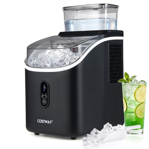 COSTWAY Countertop Ice Cube Maker with External Water Tank, 16Pcs Ready in 6 Mins, 34Lbs/24H Portable Ice Machine with 13 Thickness Levels, Self-Cleaning, 24H Reservation for Home Office Bar, Black
