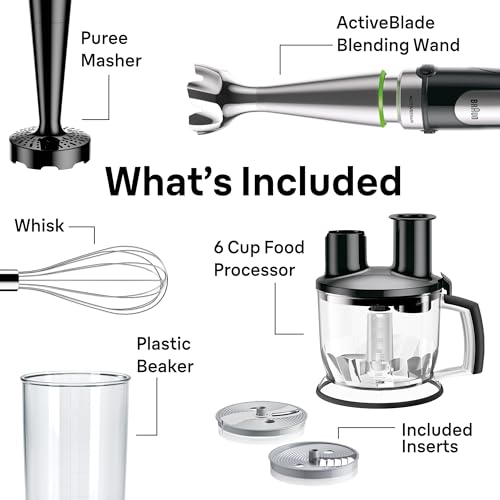 Braun 4-in-1 Immersion Hand Blender, Powerful 500W Stainless Steel Stick Blender, Variable Speed + 6-Cup Food Processor, Whisk, Beaker, Masher, Finer Blending, MultiQuick MQ7077