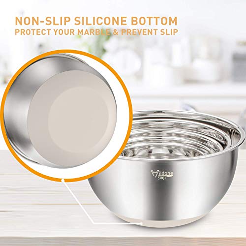 Wildone Mixing Bowls with Airtight Lids Set, 5PCS Stainless Steel Khaki Nesting Bowls for Kitchen, with Grater Attachments & Non-Slip Bottoms, Size 5, 3, 2, 1.5, 0.63 QT, Great for Mixing & Serving
