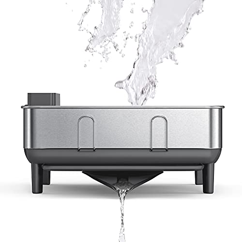 simplehuman Steel Frame Dishrack, Compact Dish Drying Rack for Small Kitchens, 360º Easy Drain Swivel Spout, Anti-Residue Coating, Moisture Control Surface, Brushed Stainless Steel