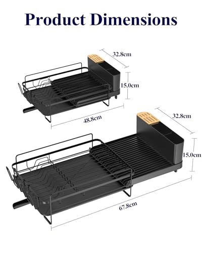 Kitsure Large Dish Drying Rack - Extendable Dish Rack, Multifunctional Dish Rack for Kitchen Counter, Anti-Rust Dish Drainers with Cutlery & Cup Holders 19.2"-26.7" L x 12.9" W, Black