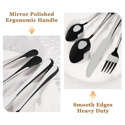 Astercook 24-Piece Black Silverware Set with Steak Knives Flatware Set for 4 Food-Grade Stainless Steel Cutlery Set Mirror Polished Utensils Set Include Spoons and Forks for Home Kitchen Restaurant