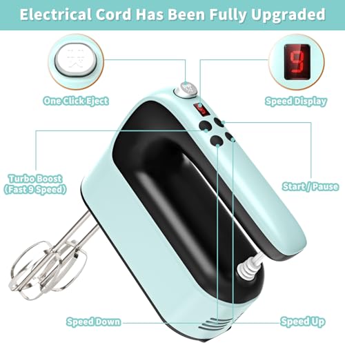 Yomelo 9-Speed Digital Hand Mixer Electric, 400W Powerful DC Motor, Hand Mixer Electric Handheld with Snap-On Storage Case, 5 Stainless Steel Accessories, Beaters, Dough Hooks, Whisk(Ice Blue/Black)