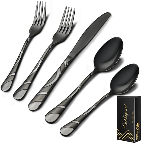 Black Silverware Set for 8, 18/0 Stainless Steel 40-Piece Frosted & Mirror Finish Flatware