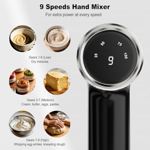 Camic Electric Hand Mixer with 9 Speeds, Powerful Motor, Cordless Hand Mixer with Whisk, Dough Hook and Mixing Rod for Whipping Eggs, Cream, Butter, Jam, Kneading Dough and Blending (White+Black)