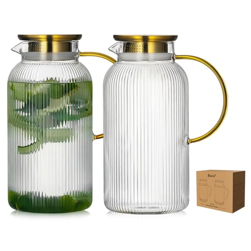 Buaic 2 PACK Glass Pitcher with Lid, 68 oz/ 2L Glass Water Pitcher