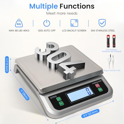LNXDMWMS 88lb/40kg Food Scale with 6 Unit Stainless Steel Commercial Kitchen Scale, with Full View LCD Display Large Kitchen Scale with Tare and Pcs Funtion for Baking, Cooking, Flour, Fruits Silver